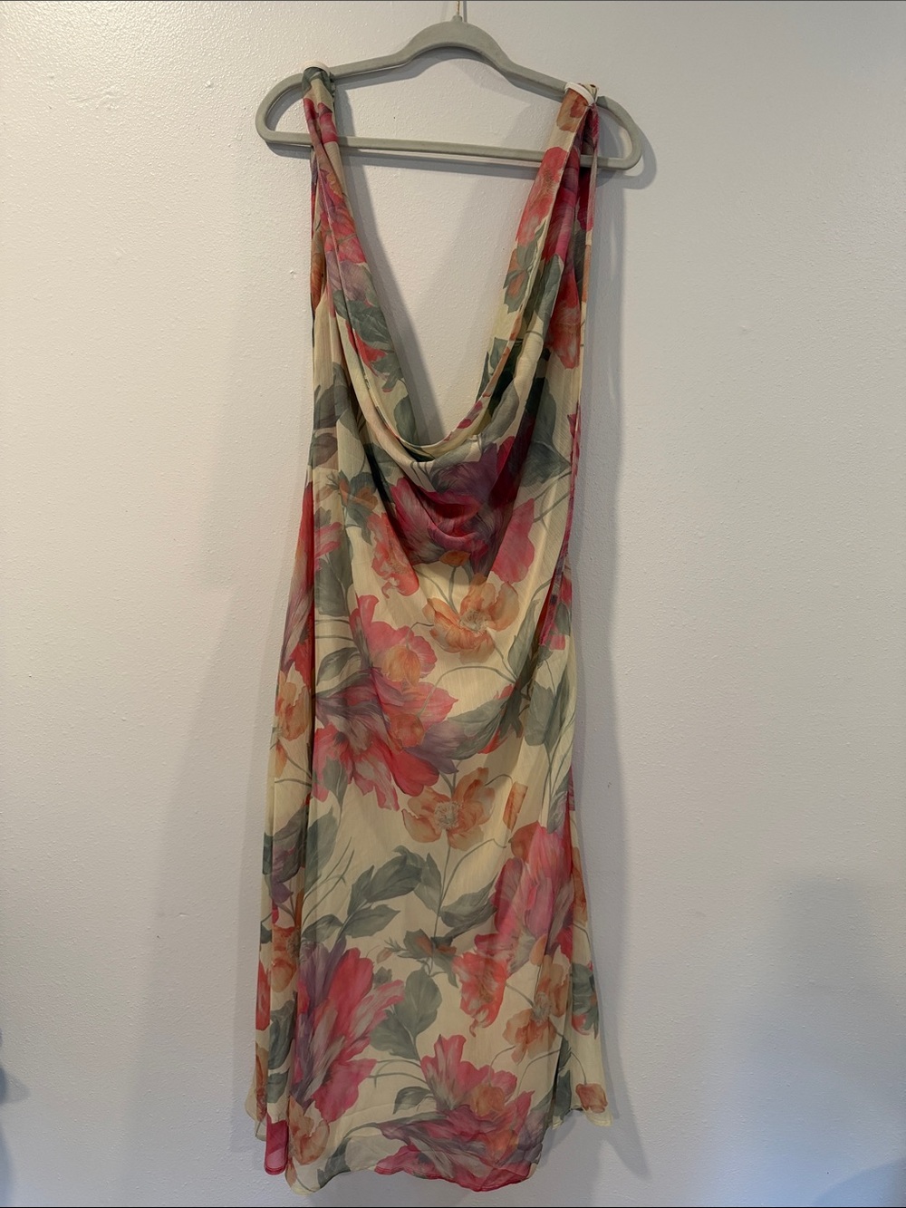 Peppermayo Backless Floral Cowl Slip Dress — Cream with Pink & Green